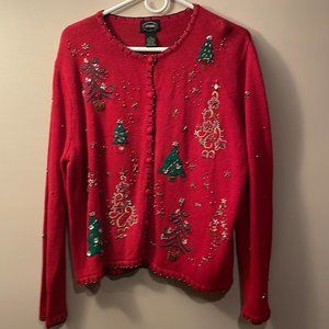 Ladies Button Front Christmas Tree Ugly Christmas Sweater X-Large